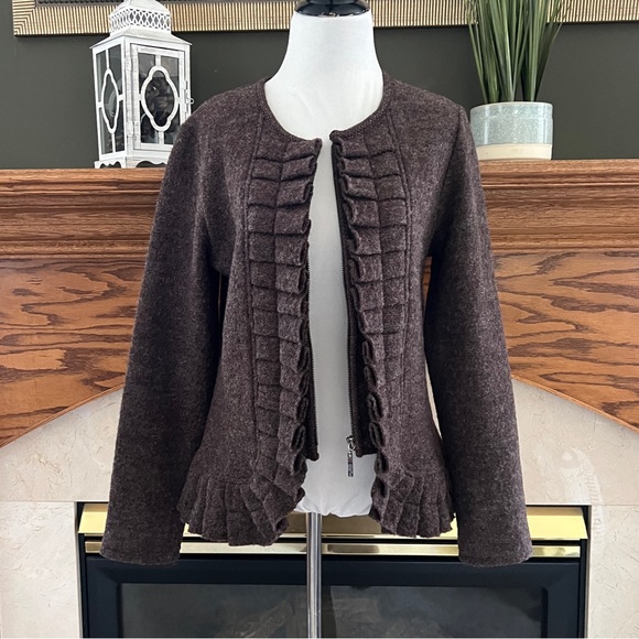 Marisa Christina Women's Brown Full Zip Ruffle Boiled Wool Cardigan Sweater Med. - Picture 1 of 14